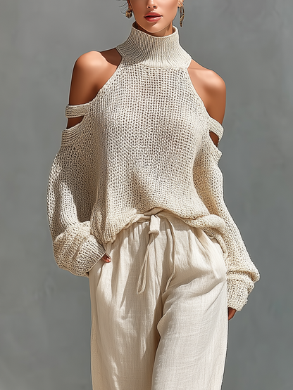 Velora | Conjunto de Punto con Cuello Alto Hombros Descubiertos y Pantalones Anchos