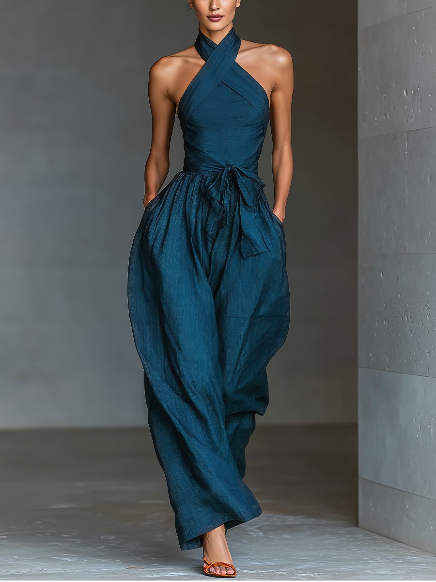 Valeska | Mono con Escote Halter Cruzado Perneras Anchas Lazo y Bolsillos