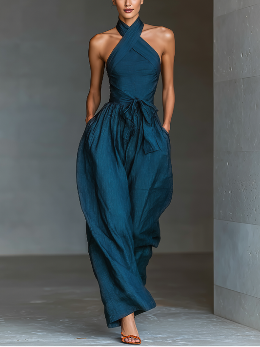 Valeska | Mono con Escote Halter Cruzado Perneras Anchas Lazo y Bolsillos
