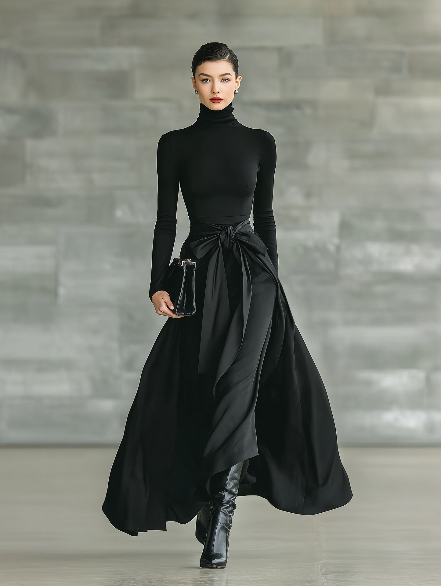 Indira | Vestido Largo Acampanado Cuello Alto de Punto Elástico y Satén