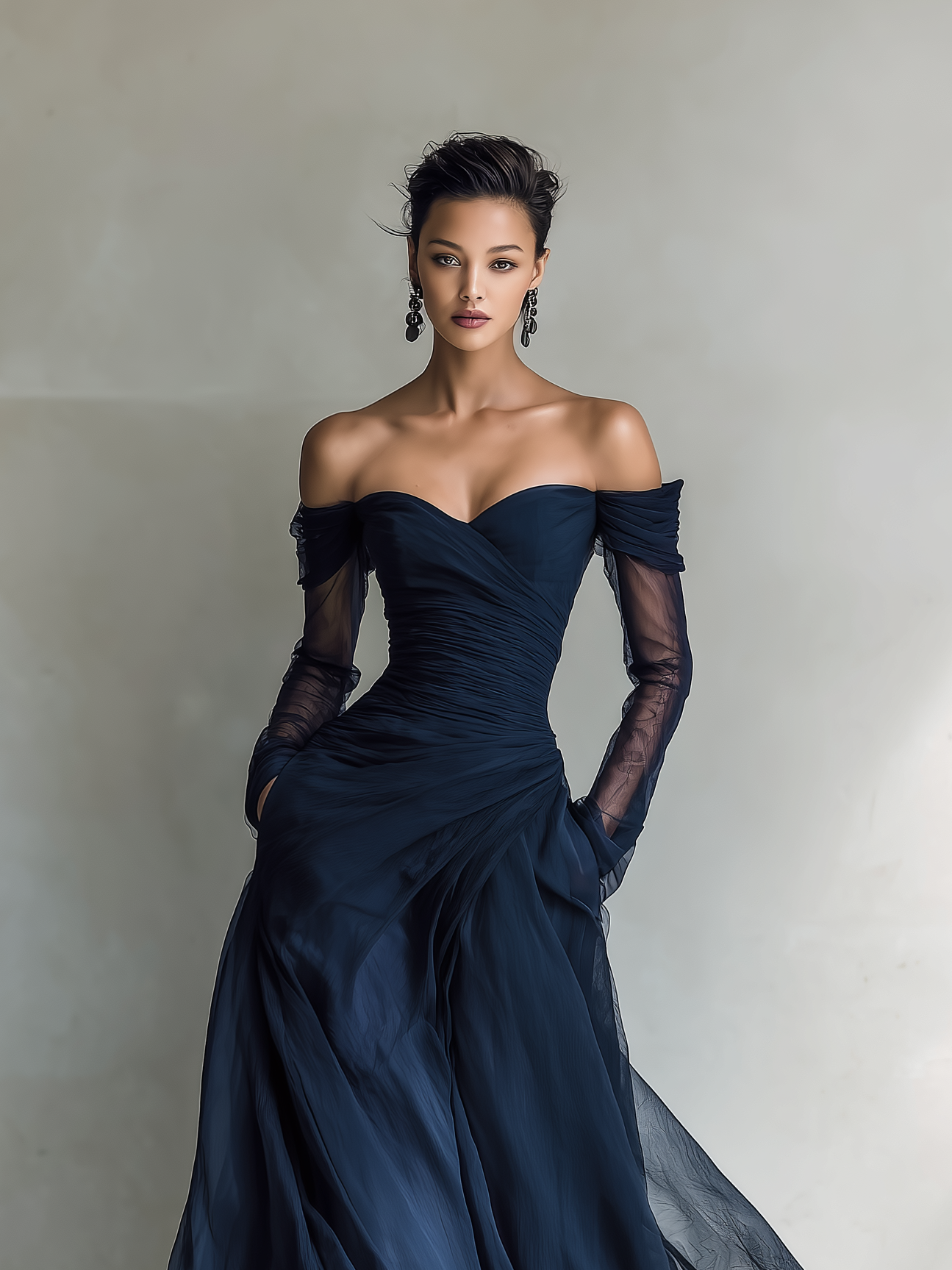 Zaida | Vestido Largo Elegante Ajustado Manga Larga y Escote Bardot