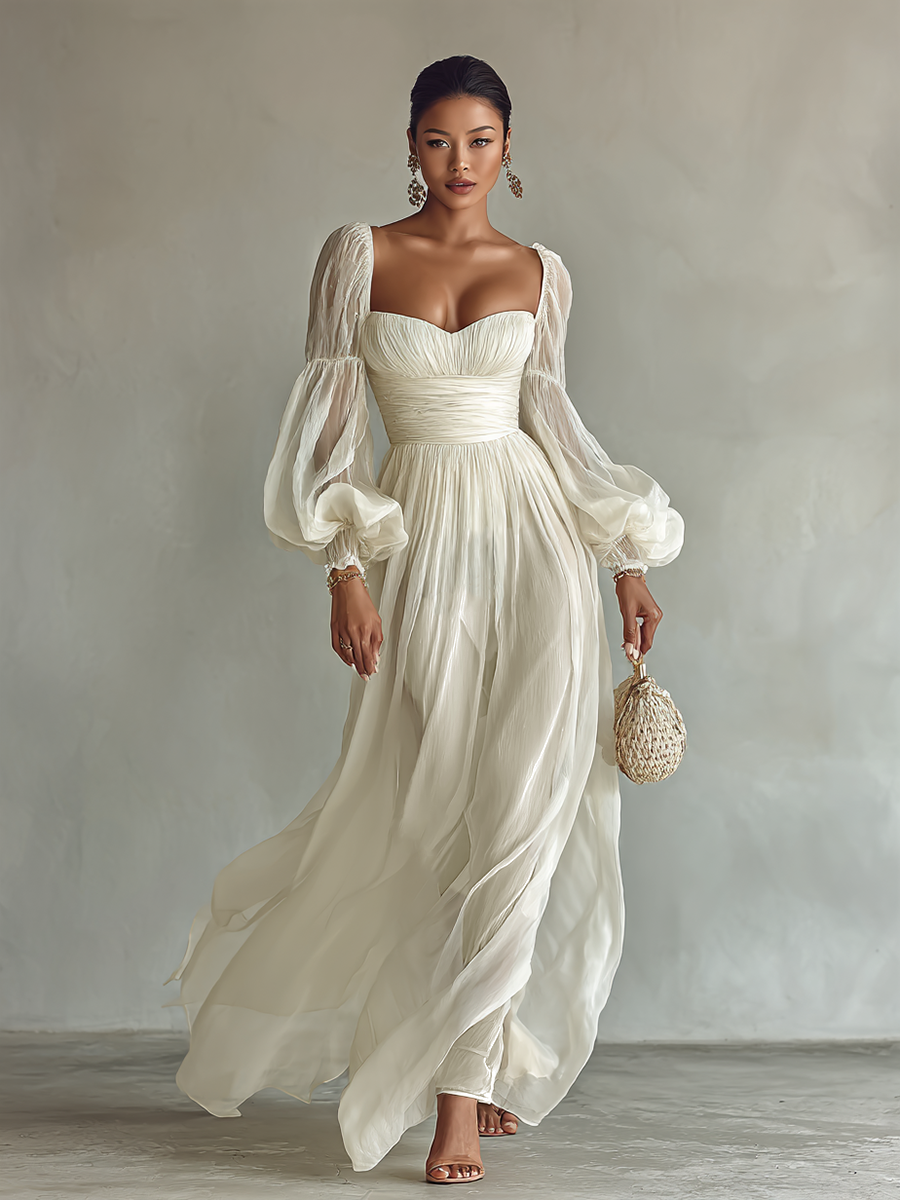 Siena | Vestido Largo de Gasa Manga Larga con Cuello Cuadrado