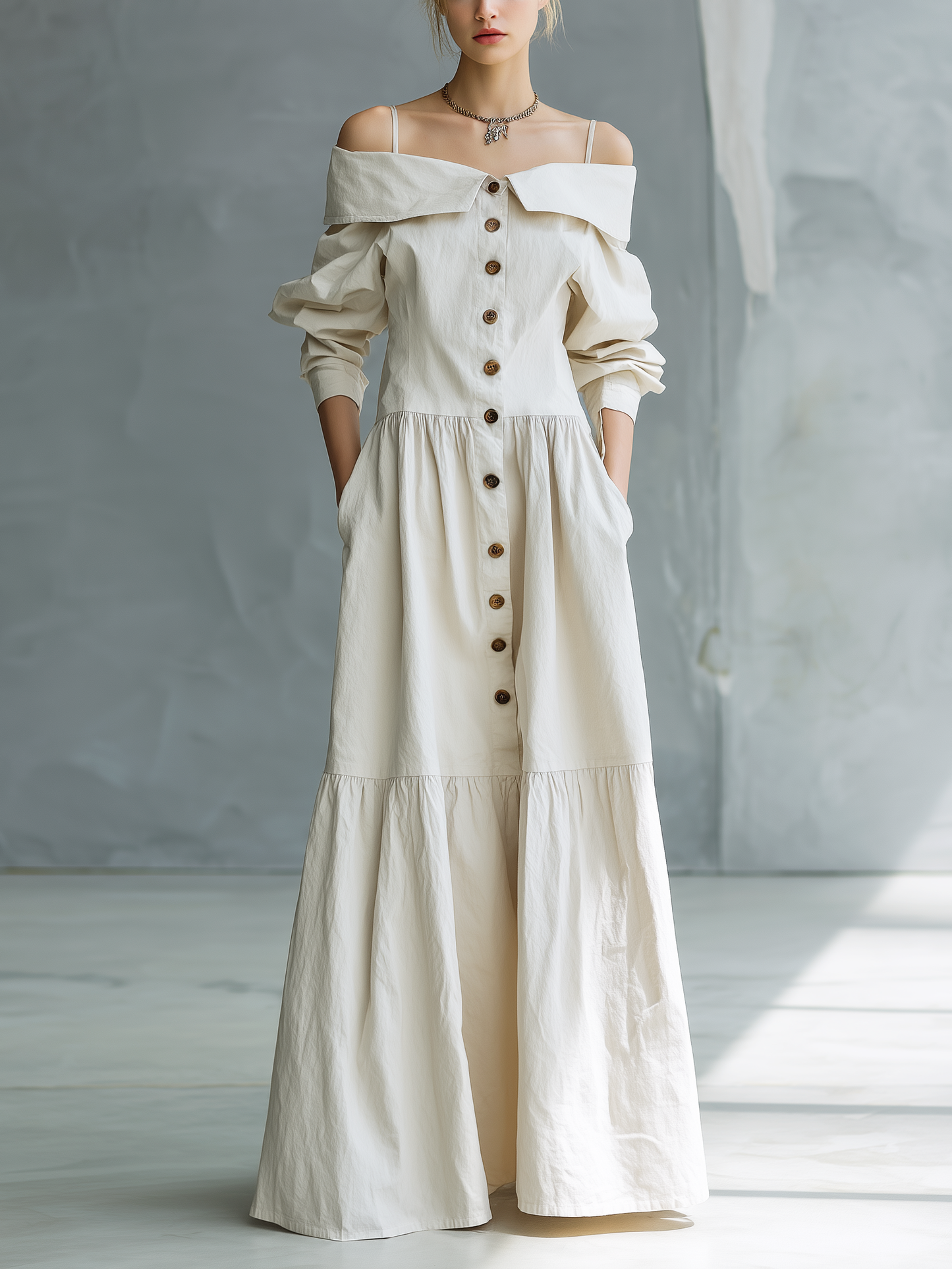 Maré | Vestido Camisero Tejido con Hombros Descubiertos y Mangas Sueltas