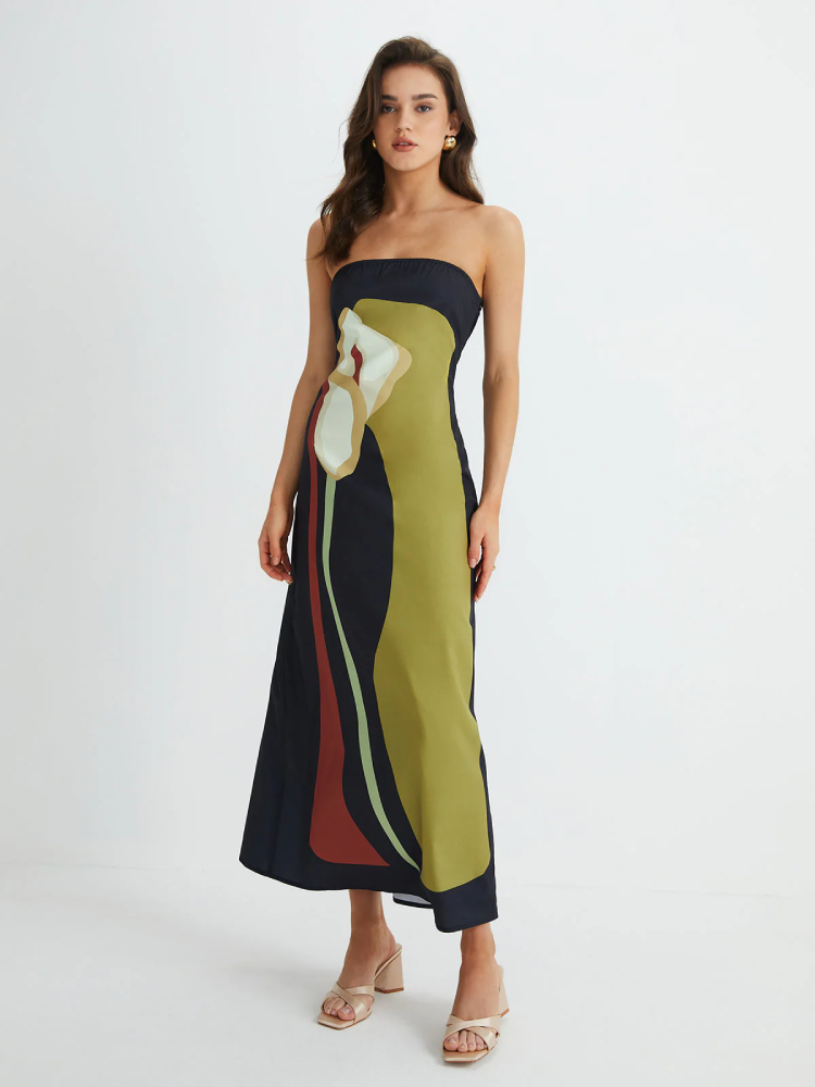 Fiorena | Vestido Midi Estampado Floral Sin Tirantes