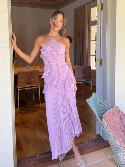 Selina | Vestido Largo Plisado Volantes Cuello Halter