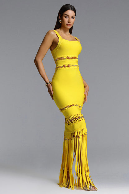 Amafis | Vestido Largo Tirantes Flecos Ajustado