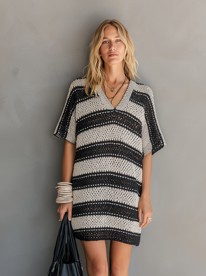 Vegora | Mini Vestido Holgado de Punto Manga Corta Escote en V