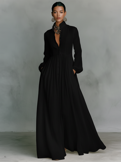 Celeste | Vestido Largo con Cuello Alto y Botonadura