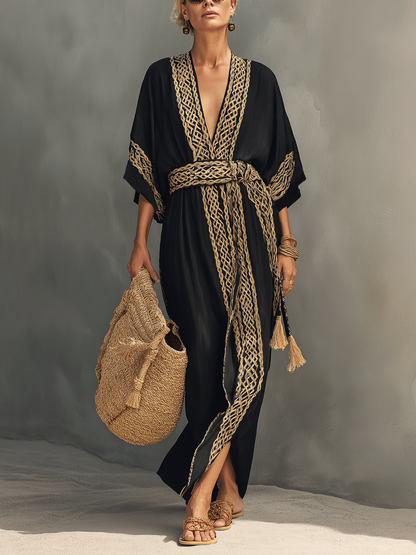 Nimara | Vestido Largo Holgado Elegante Manga Corta Cuello V
