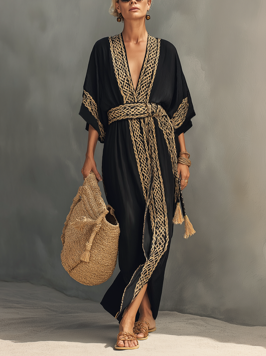 Nimara | Vestido Largo Holgado Elegante Manga Corta Cuello V