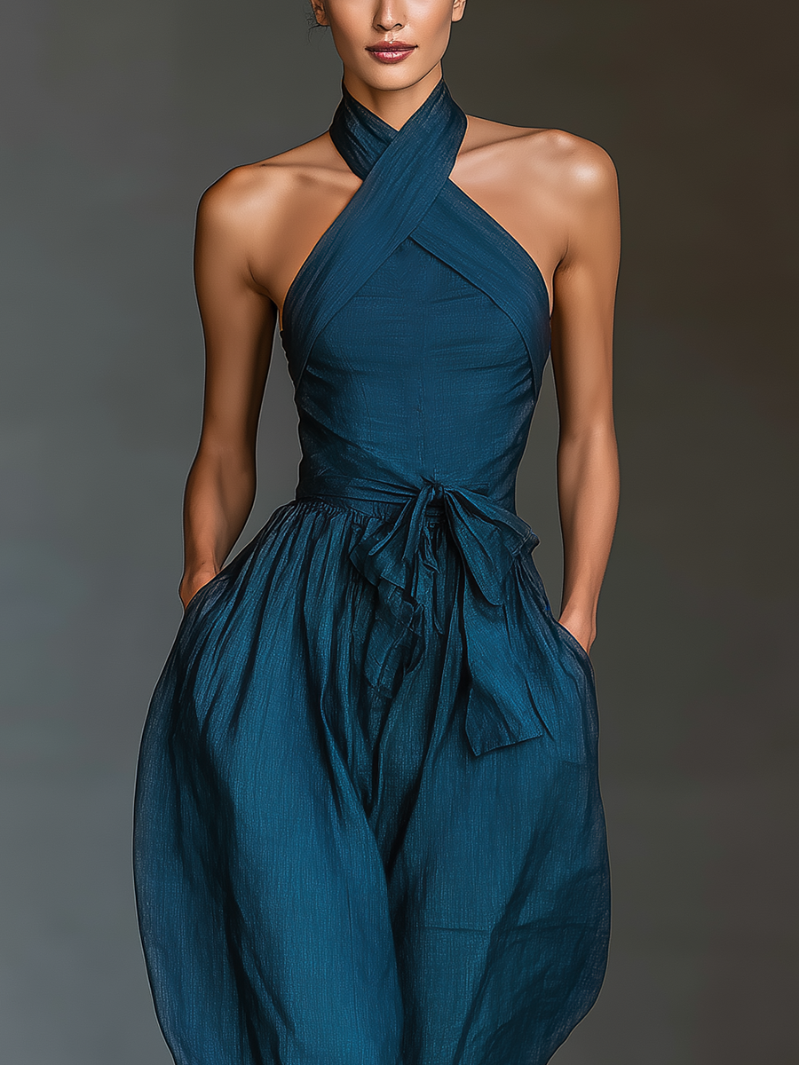Valeska | Mono con Escote Halter Cruzado Perneras Anchas Lazo y Bolsillos