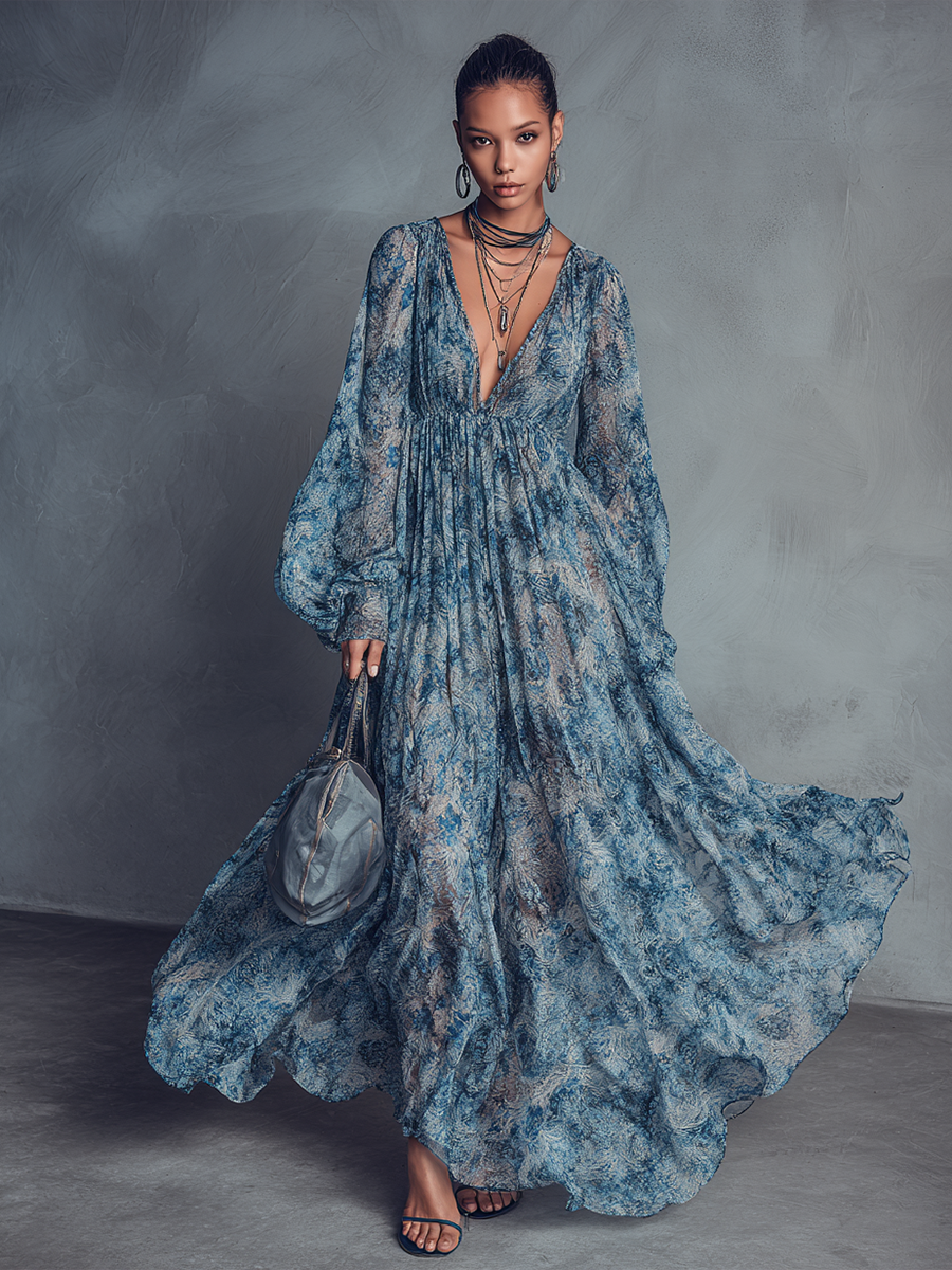 Alba | Vestido Largo Floral de Gasa con Cuello en V y Mangas Abullonadas