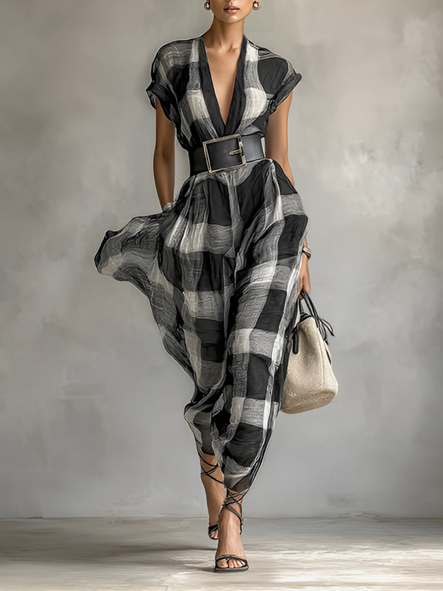 Gadealis | Vestido Largo a Cuadros Manga Corta Escote en V de Lino