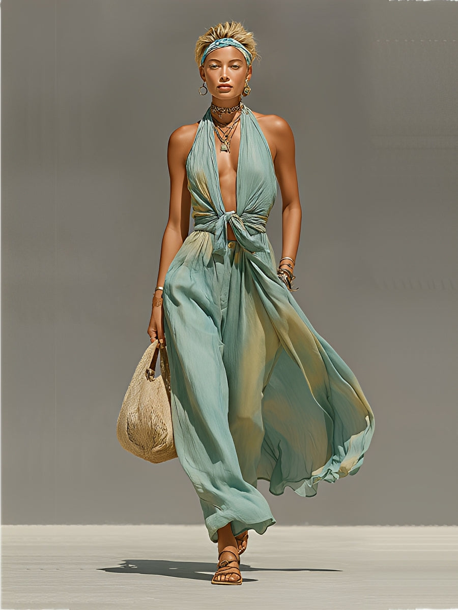 Nerisa | Mono Estampado Estilo Boho con Nudo y Cuello Halter