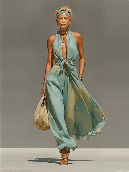 Nerisa | Mono Estampado Estilo Boho con Nudo y Cuello Halter