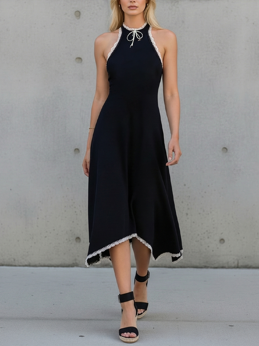 Isolde | Vestido de Punto con Cuello Halter y Ribete de Encaje en Contraste