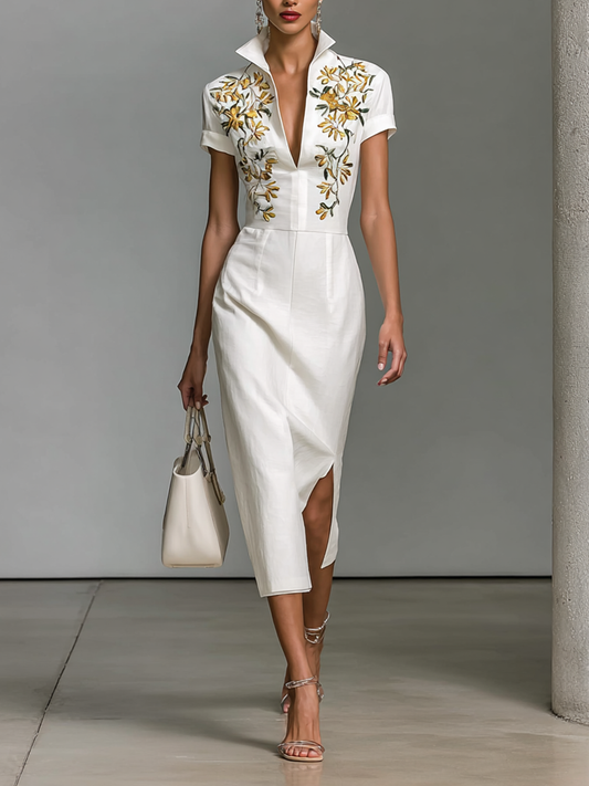 Esmeralda | Vestido Midi Manga Corta Cuello en V y Cintura Ajustada