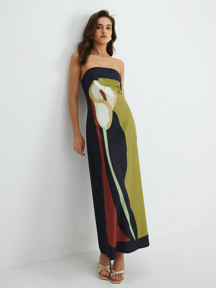 Fiorena | Vestido Midi Estampado Floral Sin Tirantes
