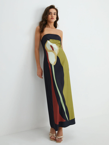 Fiorena | Vestido Midi Estampado Floral Sin Tirantes