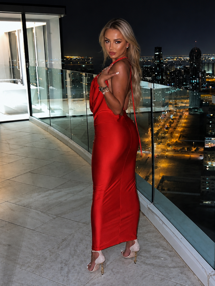 Livira | Vestido Largo Escote Drapeado Cuello Halter