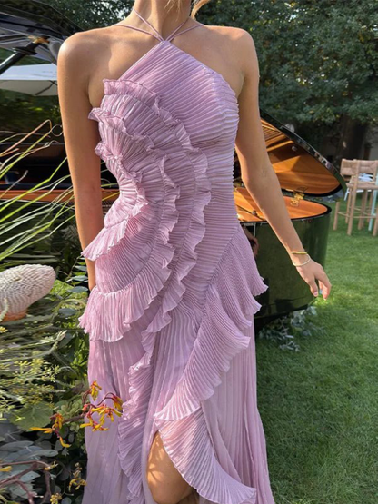 Selina | Vestido Largo Plisado Volantes Cuello Halter