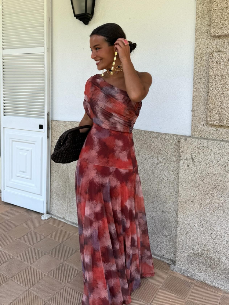 Liorena | Vestido Largo Estampado Hombro Descubierto