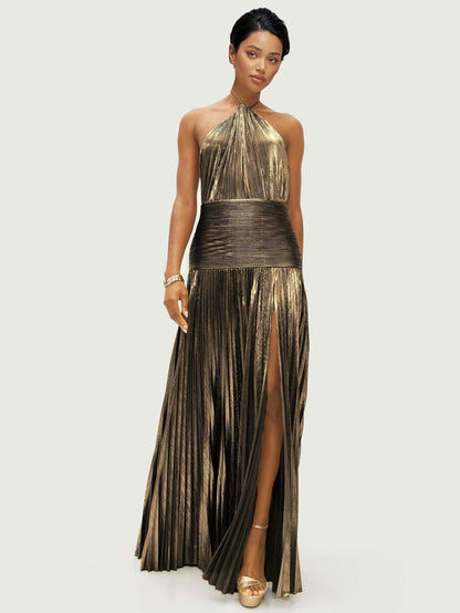 Metisa | Vestido Largo Plisado Metalizado Elegante Cuello Halter