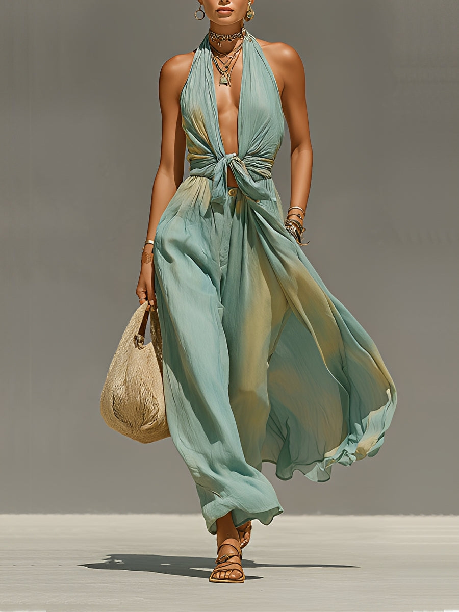Nerisa | Mono Estampado Estilo Boho con Nudo y Cuello Halter