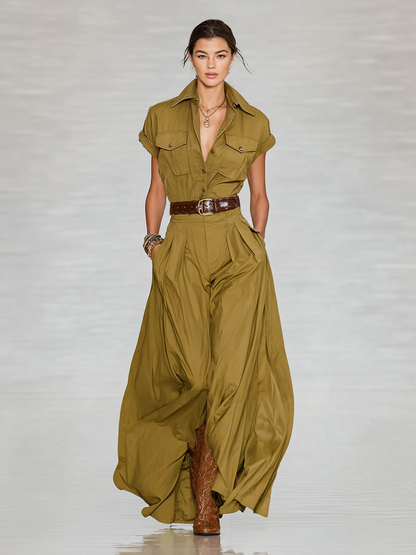 Patricia | Vestido Largo Camisero Manga Corta con Solapa y Botones