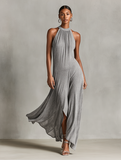 Danira | Vestido de Punto Metalizado con Cuello Halter y Bajo Asimétrico