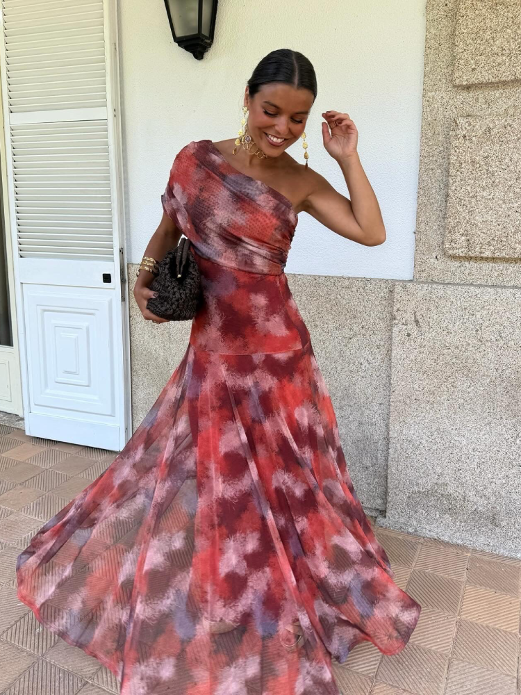Liorena | Vestido Largo Estampado Hombro Descubierto