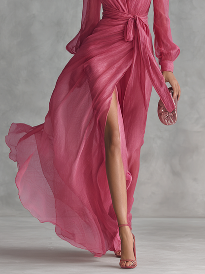 Elixia | Vestido Largo Elegante con Escote en V y Cintura Anudada