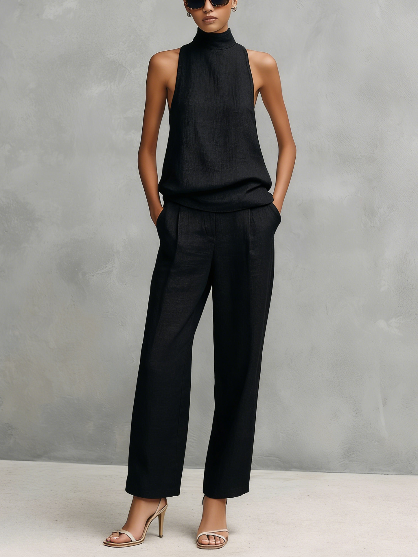 Kaira | Conjunto Elegante de Lino Top Sin Mangas Cuello Redondo y Pantalón