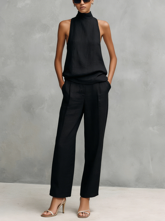 Kaira | Conjunto Elegante de Lino Top Sin Mangas Cuello Redondo y Pantalón