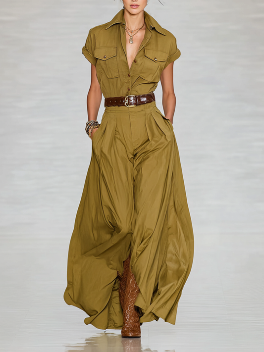 Patricia | Vestido Largo Camisero Manga Corta con Solapa y Botones