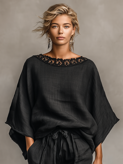 Negronis |  Conjunto Minimalista de Lino Blusa y Shorts de Encaje