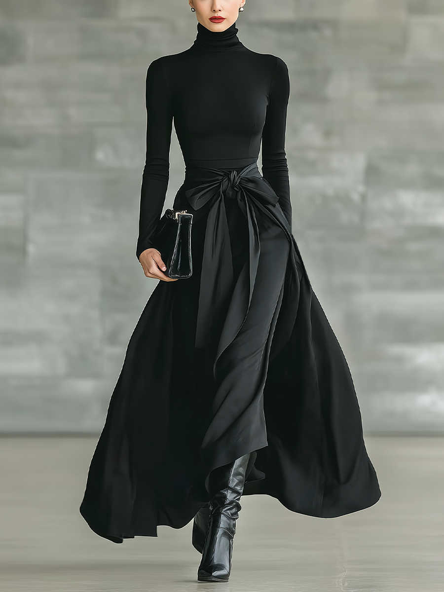Indira | Vestido Largo Acampanado Cuello Alto de Punto Elástico y Satén