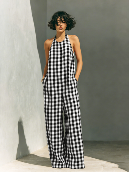 Tálora | Mono Holgado Minimalista con Cuello Halter y Estampado a Cuadros