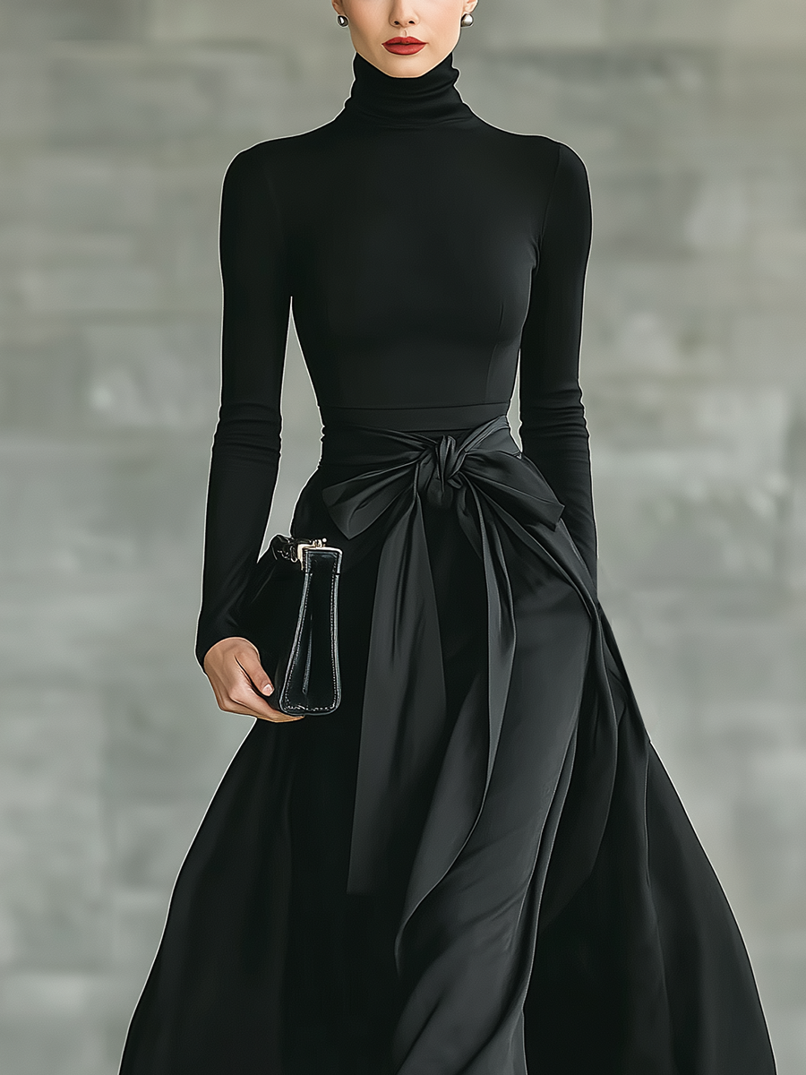 Indira | Vestido Largo Acampanado Cuello Alto de Punto Elástico y Satén