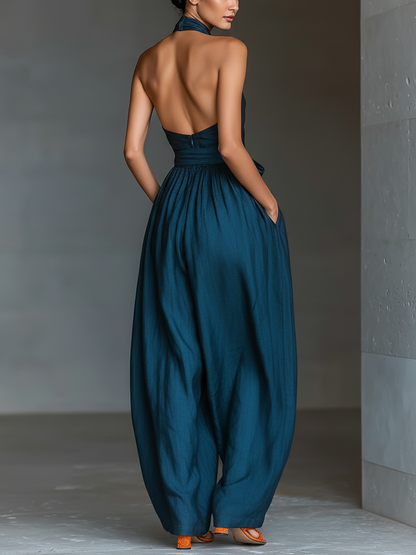Valeska | Mono con Escote Halter Cruzado Perneras Anchas Lazo y Bolsillos