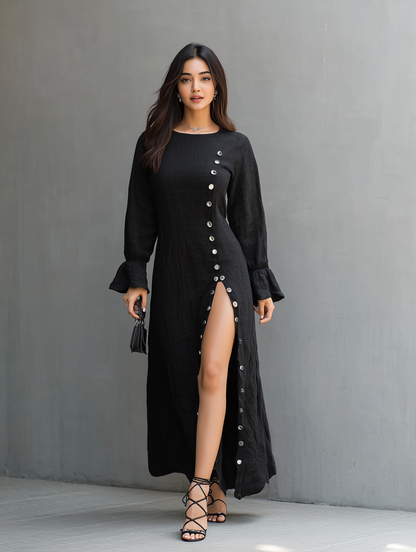 Ébora | Vestido de Cuello Redondo y Manga Larga con Abertura