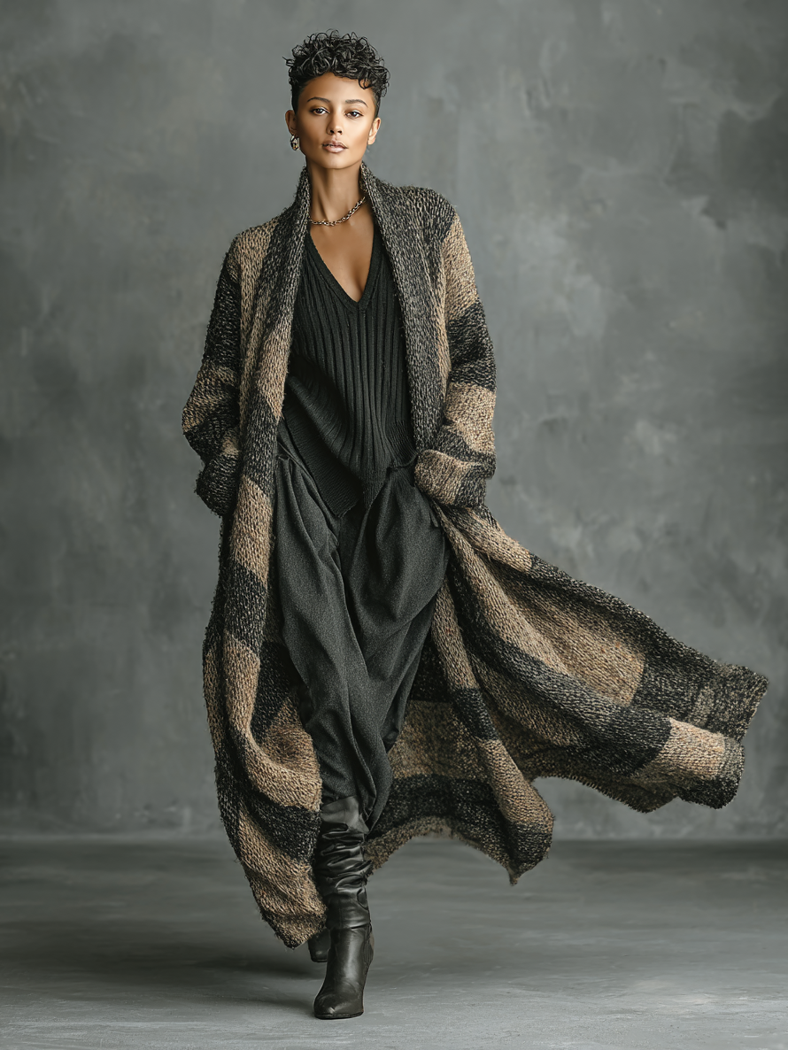 Amelia | Cárdigan Largo Holgado Retro con Rayas