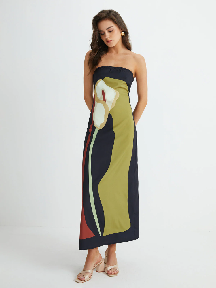 Fiorena | Vestido Midi Estampado Floral Sin Tirantes
