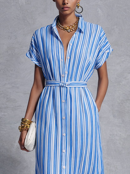 Zira | Vestido Midi Camisero Manga Corta a Rayas Acordonado