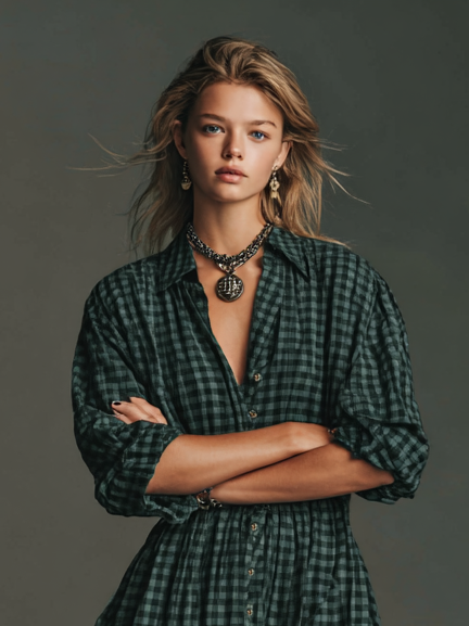 Pastora | Vestido Largo Camisero Manga Larga a Cuadros