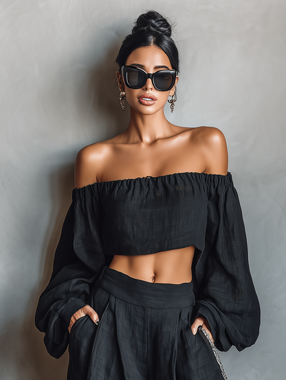 Cristina | Conjunto de Lino Blusa Larga Sin Tirantes y Pantalón Ancho