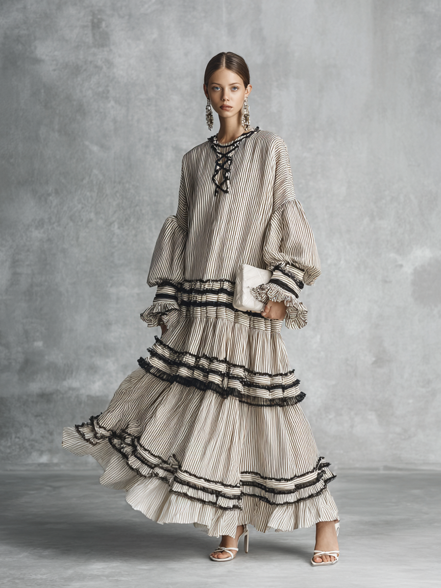 Centinela | Vestido Largo Manga Larga Volantes y Rayas Estilo Boho