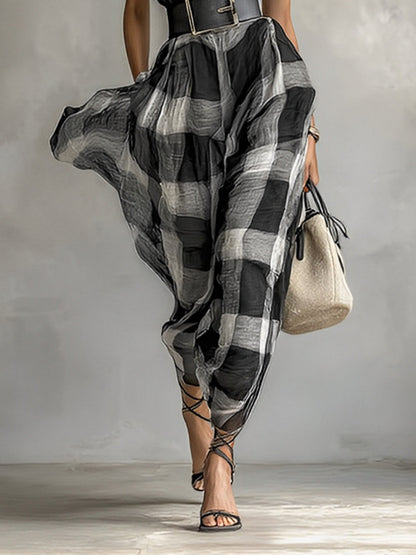 Gadealis | Vestido Largo a Cuadros Manga Corta Escote en V de Lino