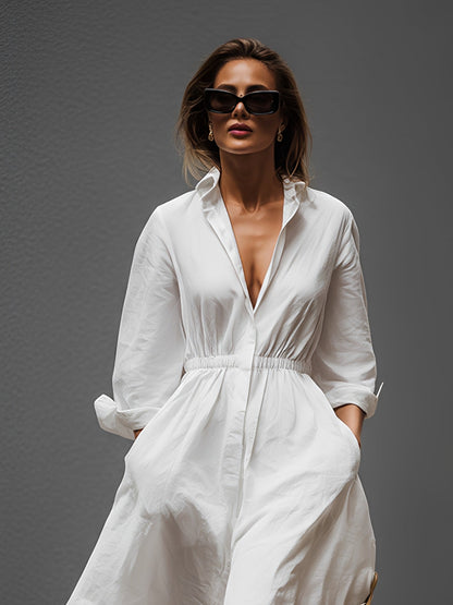 Leonora | Vestido Elegante de Lino con Cuello Camisero y Cintura Elástica