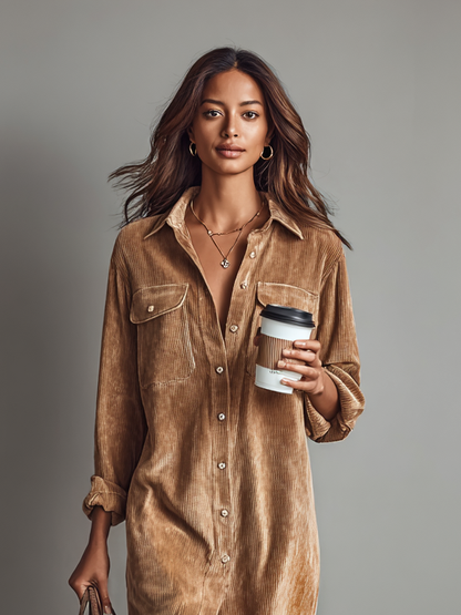 Tanvera | Vestido Midi de Pana con Doble Bolsillo y Botones